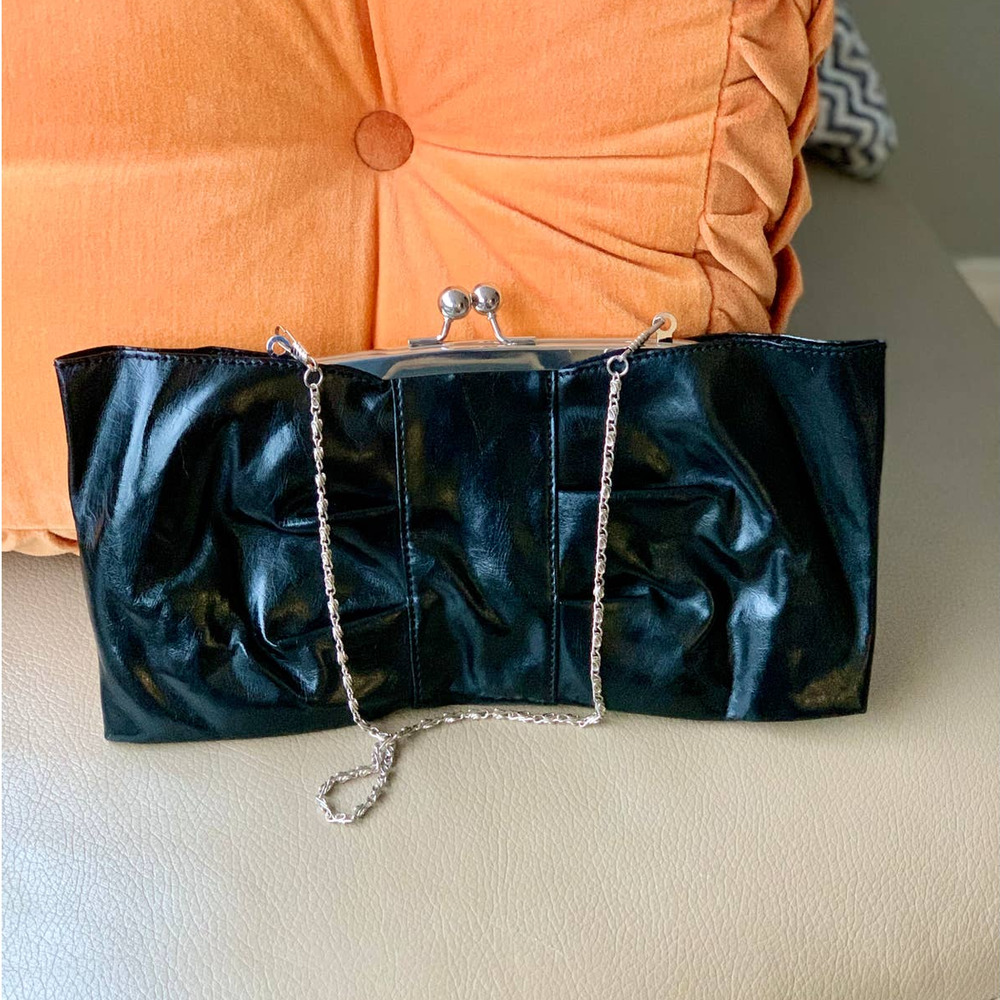 Spring Black Patent Pleated Bow Clutch Bag